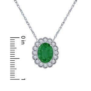 14K White Gold Emerald And Diamond Pendant Necklace With Scalloped Halo (9X7mm)