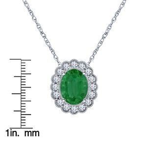 14K White Gold Emerald And Diamond Pendant Necklace With Scalloped Halo (9X7mm)
