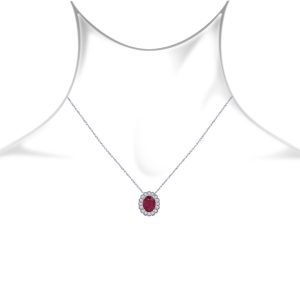14K White Gold Ruby And Diamond Pendant Necklace With Scalloped Halo (9X7mm)