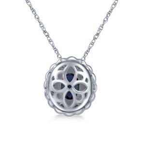 14K White Gold Sapphire And Diamond Pendant Necklace With Scalloped Halo (9X7mm)