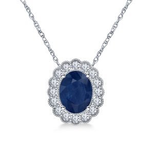 14K White Gold Sapphire And Diamond Pendant Necklace With Scalloped Halo (9X7mm)