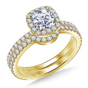 Diamond Halo Cushion Engagement Ring And Matching Wedding Band Set In 14K Yellow or White Gold (1 1/3 Carat Weight)