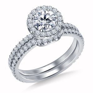 Diamond Halo Engagement Ring And Matching Wedding Band Set In 14K Yellow or White Gold (1 1/2 Carat Weight)