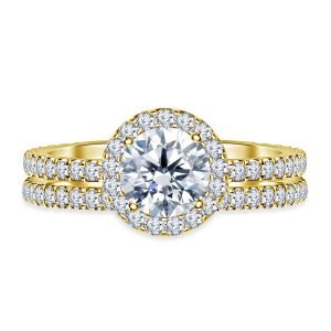 Diamond Halo Engagement Ring And Matching Wedding Band Set In 14K Yellow or White Gold (1 1/2 Carat Weight)
