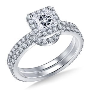 Diamond Halo Princess Engagement Ring And Matching Wedding Band Set In 14K Yellow or White Gold (1 1/3 Carat Weight)
