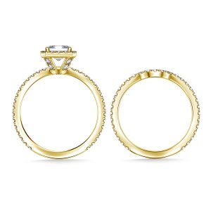Diamond Halo Princess Engagement Ring And Matching Wedding Band Set In 14K Yellow or White Gold (1 1/3 Carat Weight)