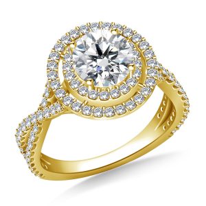 Double Halo With Twisted Split Shank Cathedral Engagement Ring In 14K Yellow or White Gold (1 1/2 Carat Weight)