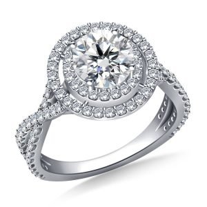 Double Halo With Twisted Split Shank Cathedral Engagement Ring In 14K Yellow or White Gold (1 1/2 Carat Weight)