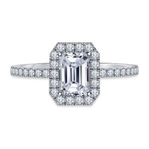 Emerald Cut Diamond Halo Engagement Ring In 14K Yellow or White Gold (1.00 Carat Weight)