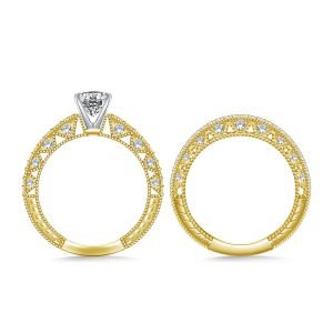 Engraved Pave Set Matching Diamond Engagement Ring With Wedding Band In 14K Yellow or White Gold (1 1/2 Carat Weight)