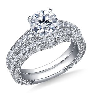 Engraved Pave Set Matching Diamond Engagement Ring With Wedding Band In 14K Yellow or White Gold (1 1/2 Carat Weight)