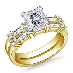 Matching Diamond Engagement Ring And Wedding Band With Baguette Diamonds In 14K Yellow or White Gold (1 1/2 Carat Weight)