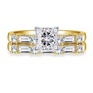Matching Diamond Engagement Ring And Wedding Band With Baguette Diamonds In 14K Yellow or White Gold (1 1/2 Carat Weight)