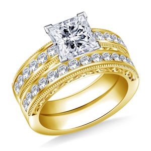 Milgrain Channel Set Matching Diamond Engagement Ring With Wedding Band In 14K Yellow or White Gold (1 1/2 Carat Weight)