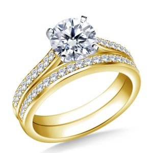 Pave Set Diamond Cathedral Engagement Ring And Matching Wedding Band Set In 14K Yellow or White Gold (1.00 Carat Weight)