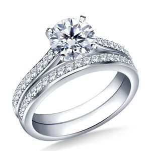 Pave Set Diamond Cathedral Engagement Ring And Matching Wedding Band Set In 14K Yellow or White Gold (1.00 Carat Weight)