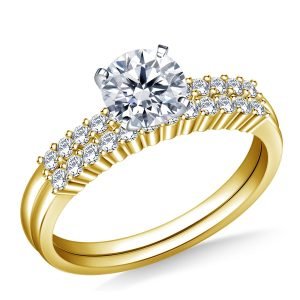 Petite Prong Set Matching Diamond Engagement Ring With Wedding Band In 14K Yellow or White Gold (3/4 Carat Weight)