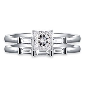 Princess And Baguette Matching Diamond Engagement Ring With Wedding Band In 14K Yellow or White Gold (1.00 Carat Weight)