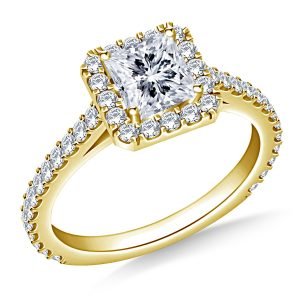 Princess Cut Diamond Halo Cathedral Engagement Ring In 14K Yellow or White Gold (1.00 Carat Weight)