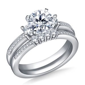 Prong And Pave Set Matching Diamond Engagement Ring With Wedding Band In 14K Yellow or White Gold (1.00 Carat Weight)