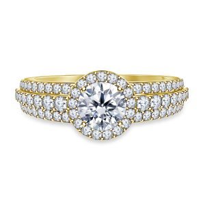 Round Halo Triple Band Diamond Engagement Ring In 14K Yellow or White Gold (1 1/2 Carat Weight)