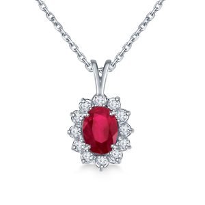 Ruby Oval Pendant Necklace With Starburst Diamond Halo In 14K White Gold (8X6mm)