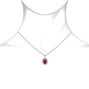 Ruby Oval Pendant Necklace With Starburst Diamond Halo In 14K White Gold (8X6mm)