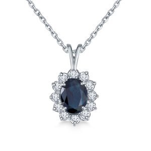Sapphire Oval Pendant Necklace With Starburst Diamond Halo In 14K White Gold (8X6mm)