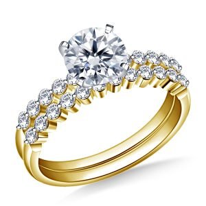 Shared Prong Matching Diamond Engagement Ring And Wedding Band Set In 14K Yellow or White Gold (1.00 Carat Weight)