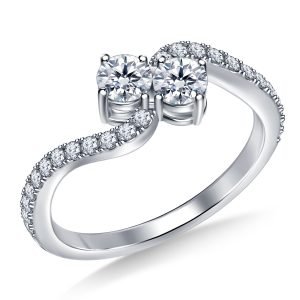 Two Stone Y&M Diamond Ring Prong Set With Twist Design In 14K Yellow or White Gold (1.00 Carat Weight)