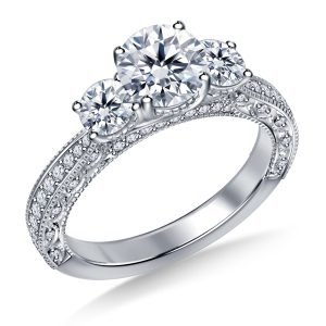Vintage Inspired Trellis Three Stone Diamond Engagement Ring In 14K Yellow or White Gold (2.00 Carat Weight)