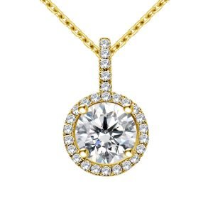 Halo Round Diamond Pendant With Micro Pave In 14K Yellow Gold