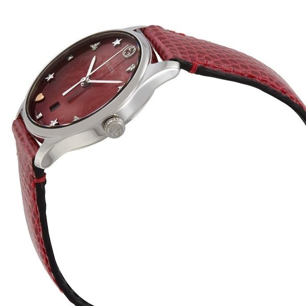 Watch label: Swiss Made. Gucci G-Timeless Red Mother of Pearl Dial Ladies Watch YA126584.
