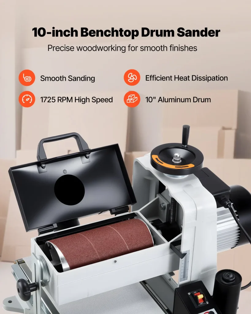 VEVOR 10" Benchtop Drum Sander, 1HP 1725RPM Dual Motor Drum Sander for Woodworking - Variable Speed Conveyor Belt & 4" Dust Collection Port for Cabinet Making & Furniture Finishing