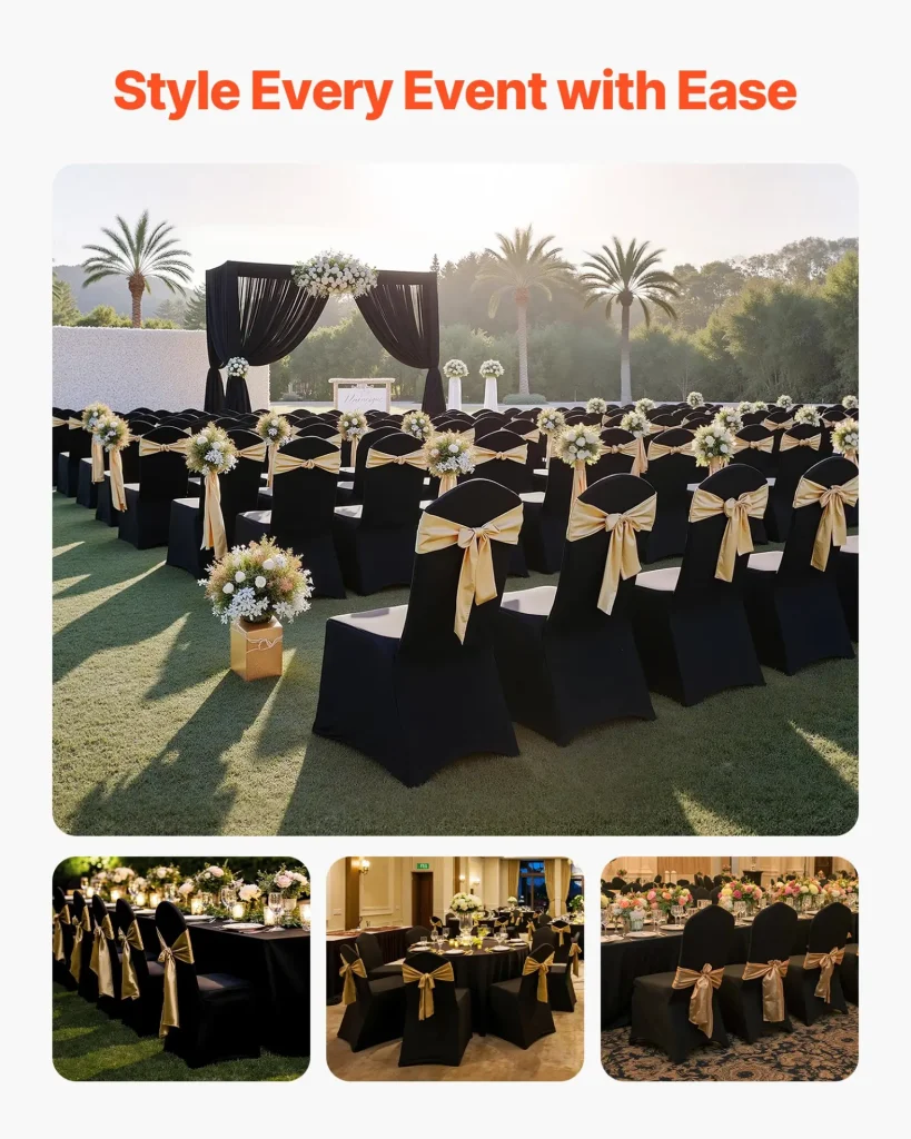 VEVOR 150 Pcs Black Chair Covers, Polyester Spandex Chair Cover, Stretch Slipcovers for Wedding Party Dining Banquet Flat-Front Chair Covers, Fits Chair Measures up to 20.08 x 17.72 x 37.4 inch