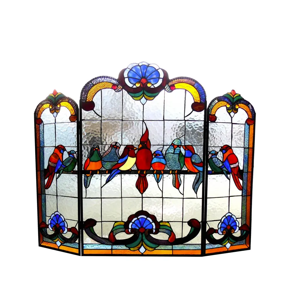 AVES Tiffany-glass Gathering Birds Design 3pcs Folding Fireplace Screen 40" Wide