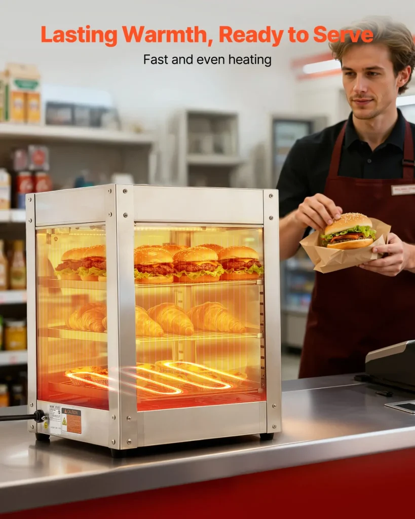 VEVOR 3-Tier Commercial Food Warmer Display, 800W Food Display Warmer with LED Light, Adjustable Shelf and Stainless Steel Frame, 86~185 Air Heating, 34L for Hamburger, Pizza, Bread, Fried Chicken