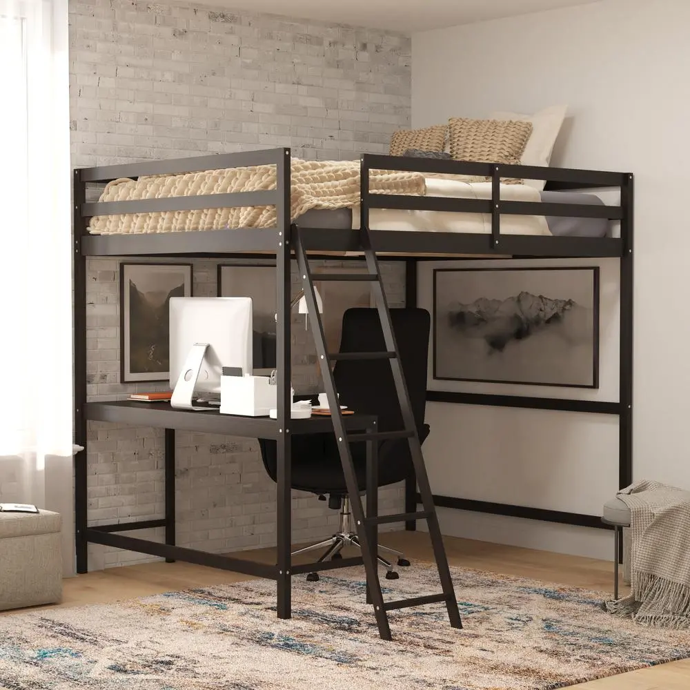 Loft Bed Frame with Desk, Full Size with Protective Guard Rails - Espresso
