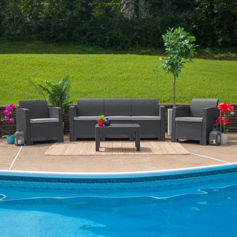Dark Gray Faux Rattan Sofa with All-Weather Seneca Light Gray Cushions
