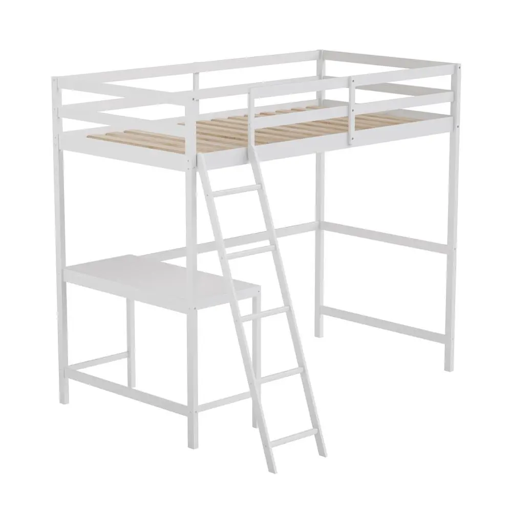 Loft Bed Frame with Desk, Twin Size with Protective Guard Rails - White