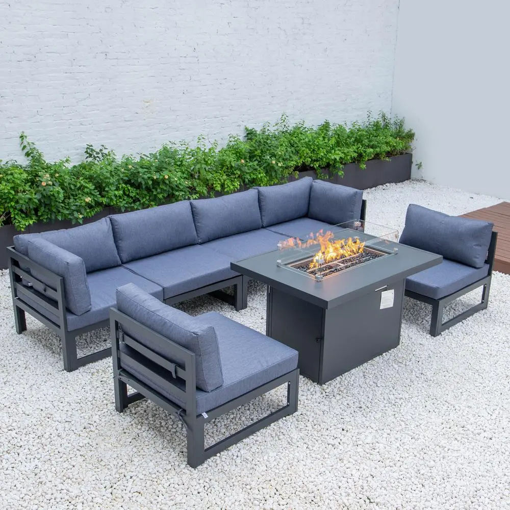 Chelsea 7-Piece Patio Sectional And Fire Pit Table Black Aluminum With Cushions