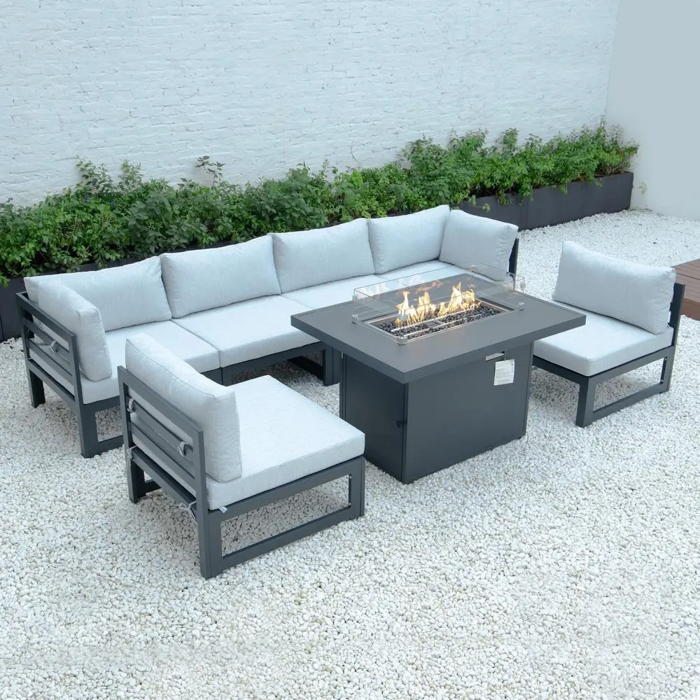 Chelsea 7-Piece Patio Sectional And Fire Pit Table Black Aluminum With Cushions