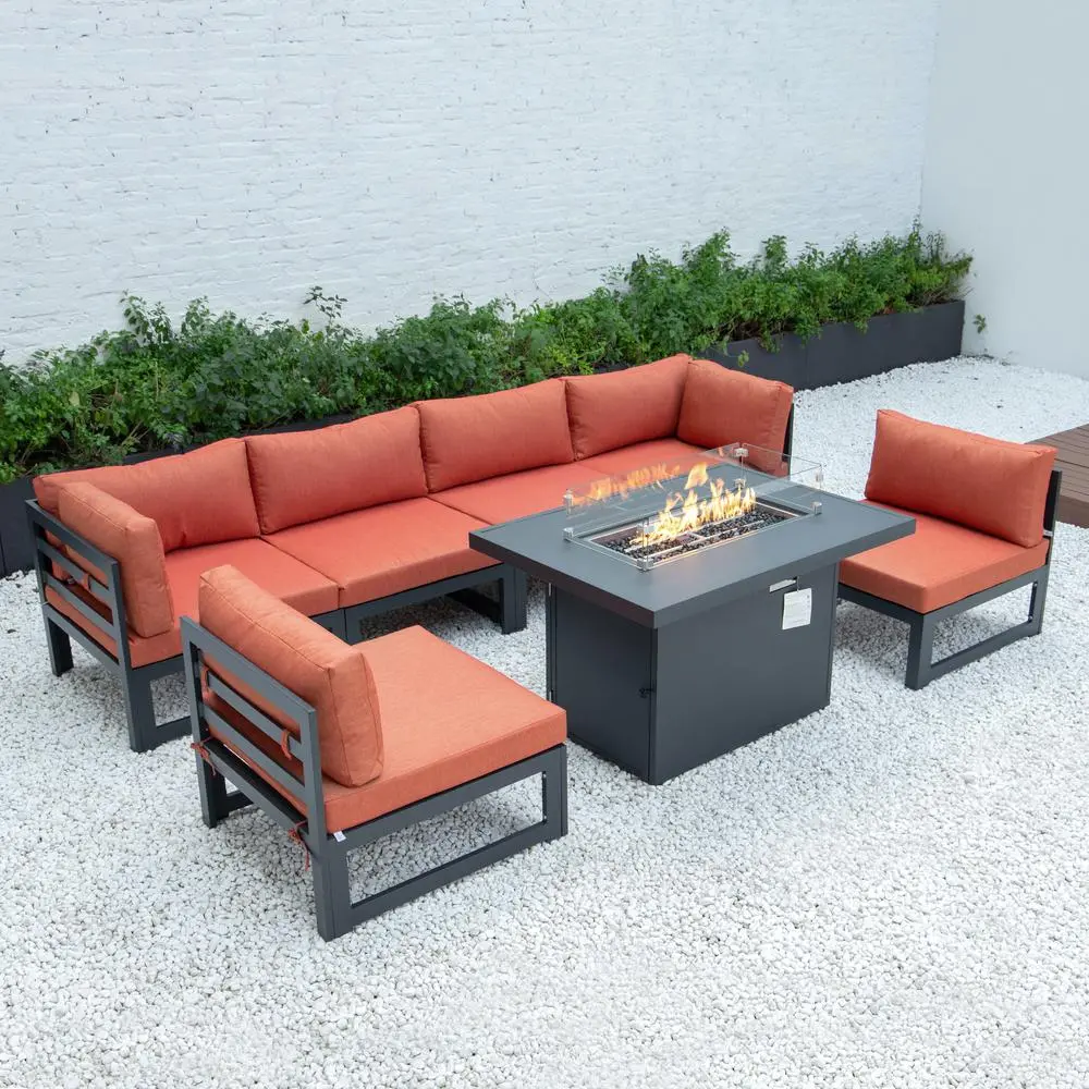 Chelsea 7-Piece Patio Sectional And Fire Pit Table Black Aluminum With Cushions