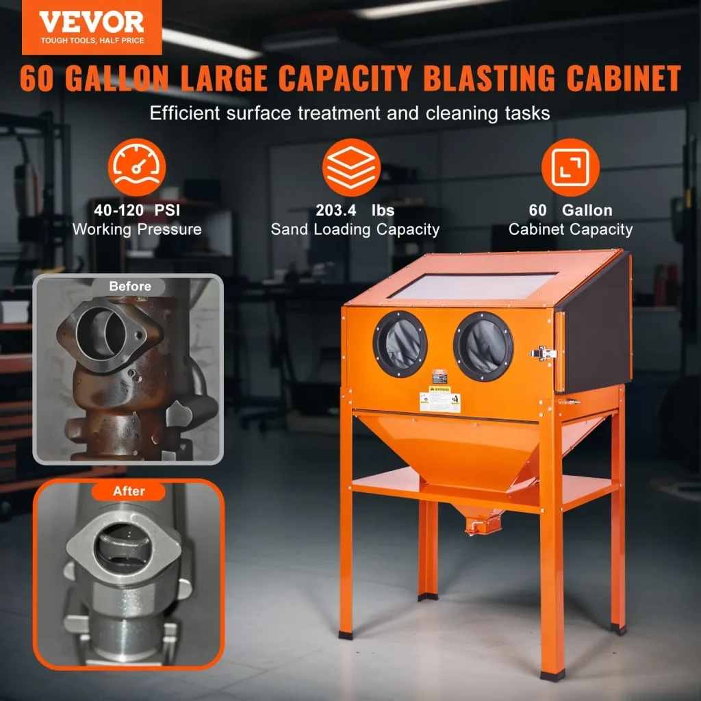 VEVOR 60 Gallon Sandblasting Cabinet, 40-120PSI Sand Blasting Cabinet with Stand, Heavy Duty Steel Sand Blaster with Blasting Gun & 4 Ceramic Nozzles for Paint, Stain, Rust Removal