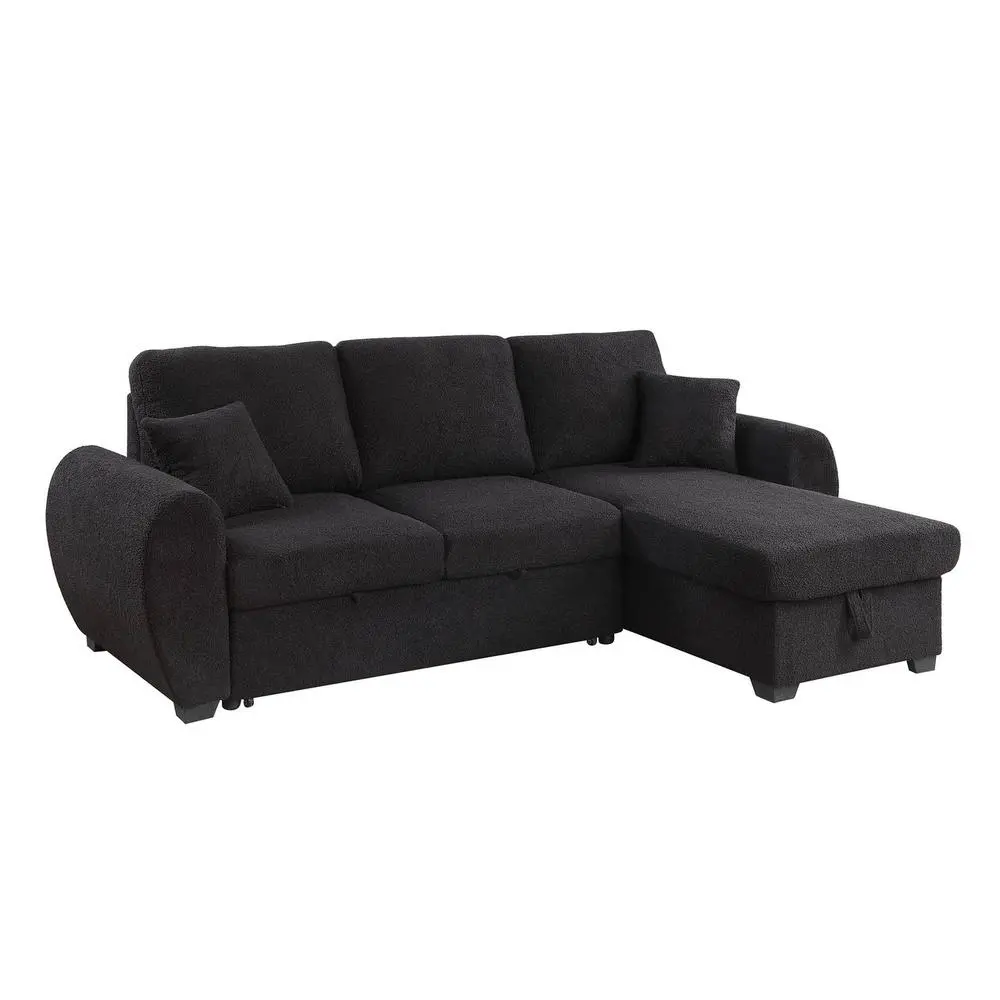 95"W Black Teddy Fleece Reversible Sleeper Sectional Sofa with Storage Chaise