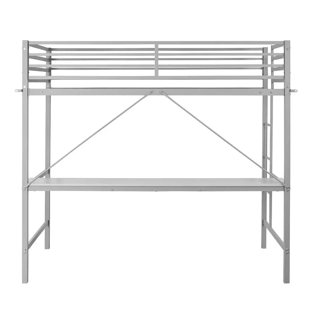 Twin Size Metal Loft Bed Frame with Built-In Desk