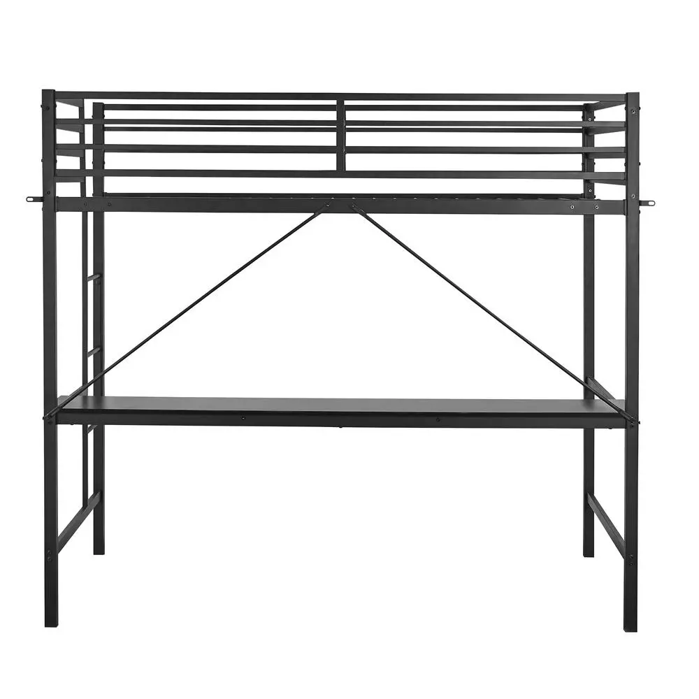 Twin Size Metal Loft Bed Frame with Built-In Desk