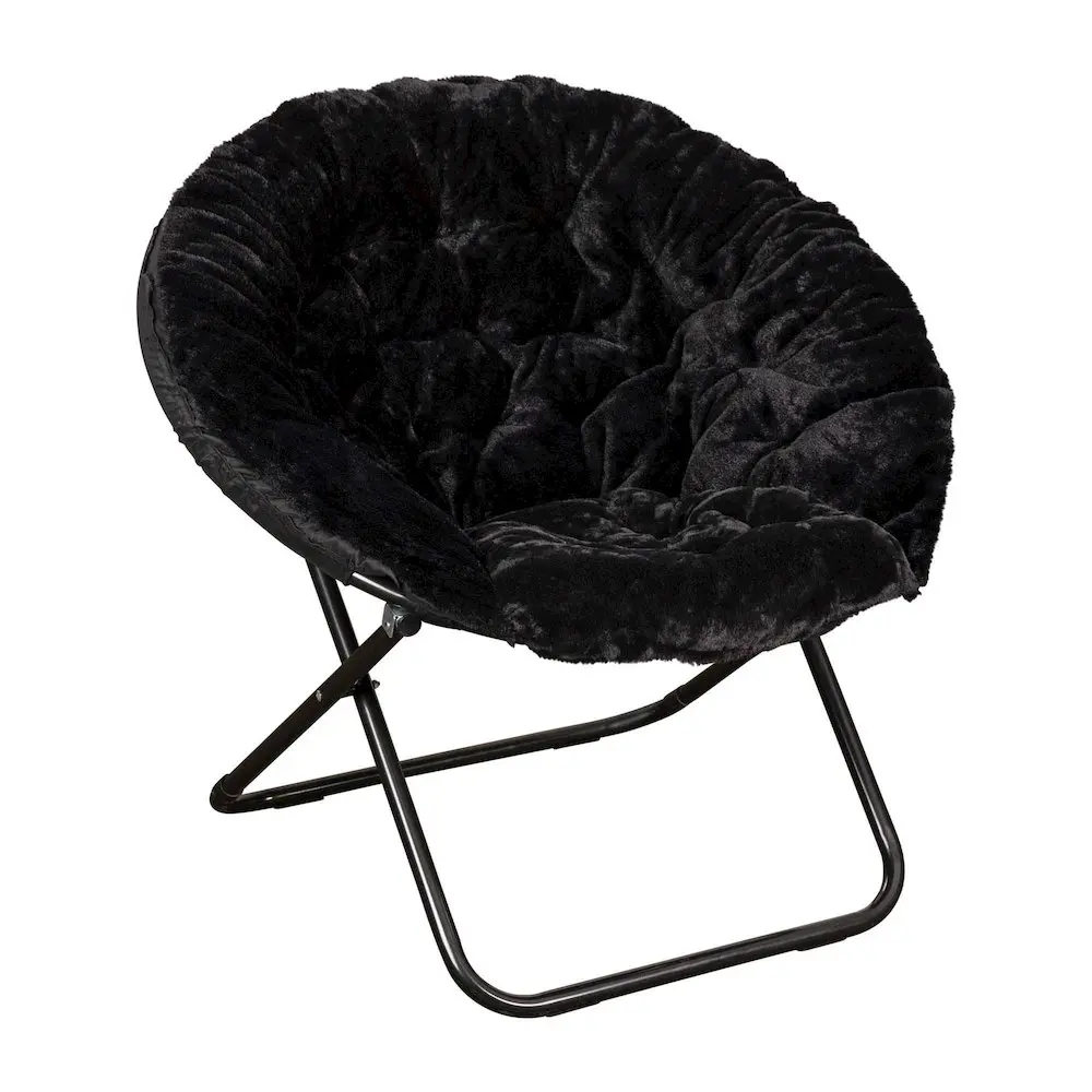 38" Portable Faux Fur Folding Saucer Moon Chair, Black Faux Fur/Black Frame