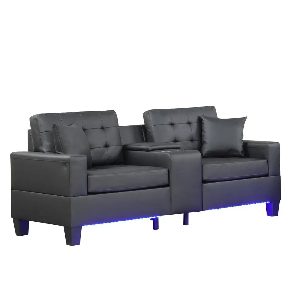 85"W Black PVC Fabric Sofa with LED Lights, USB Charger, Storage Console