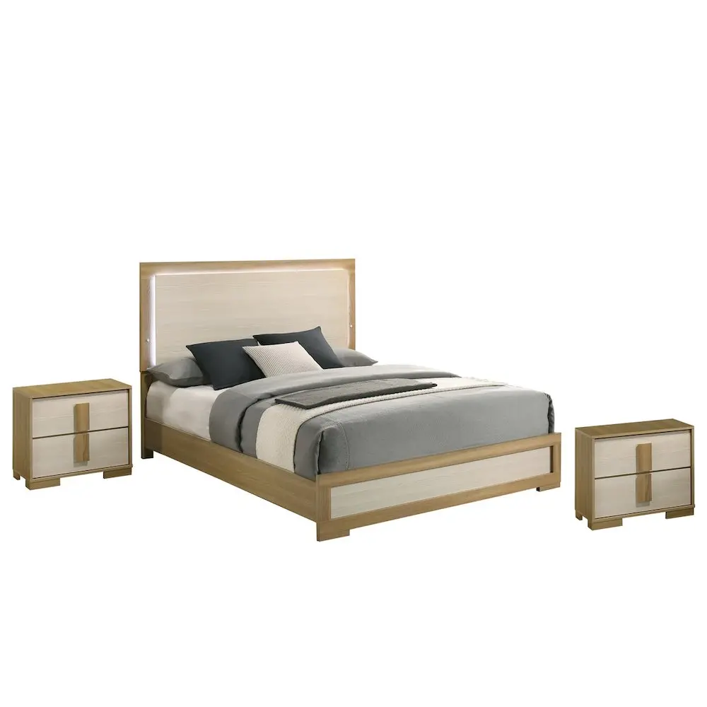 3 piece - Beige wood bedroom set (bed+2Night stands)